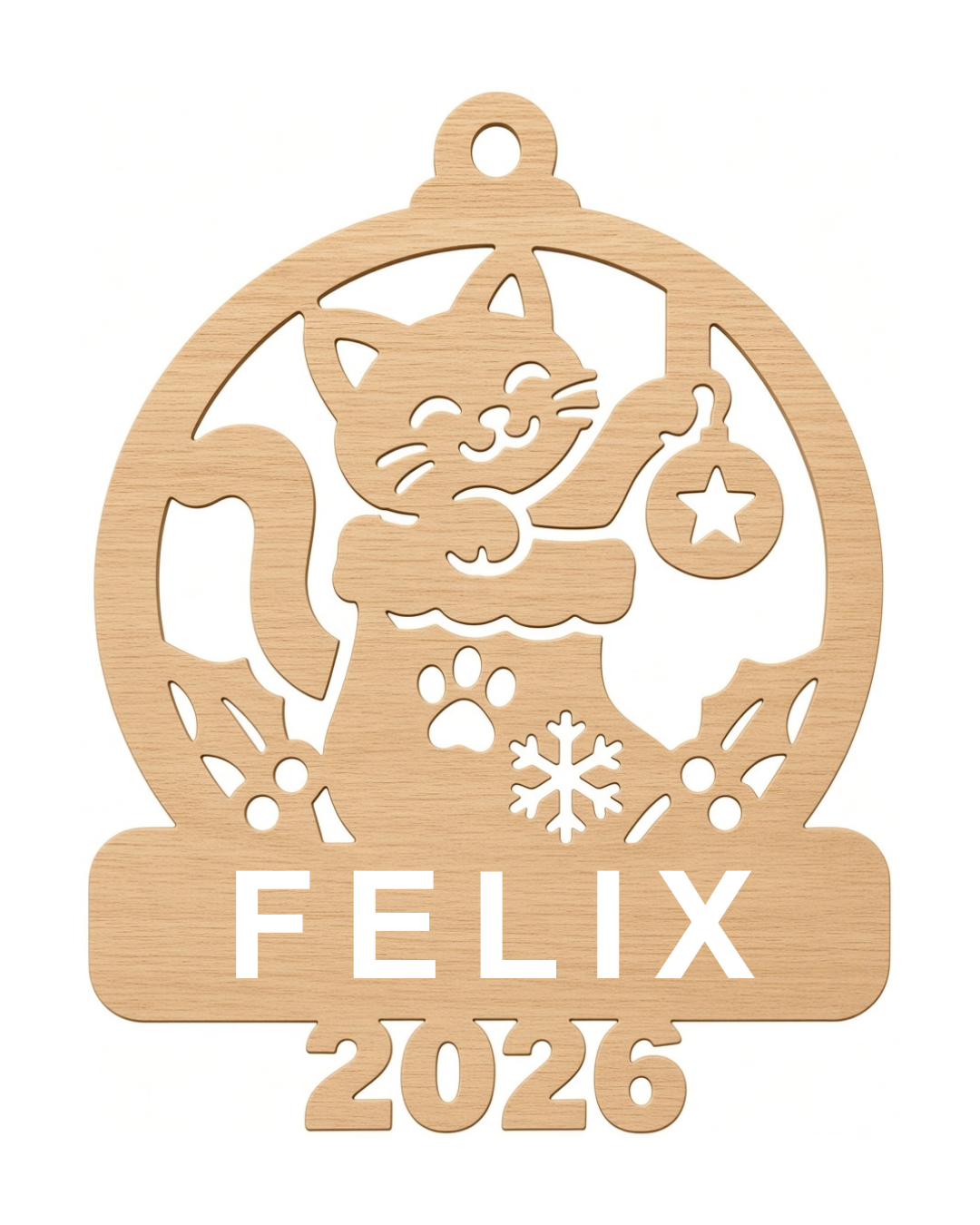 Personalized cat stocking Christmas ornament, FELIX sample name and 2026