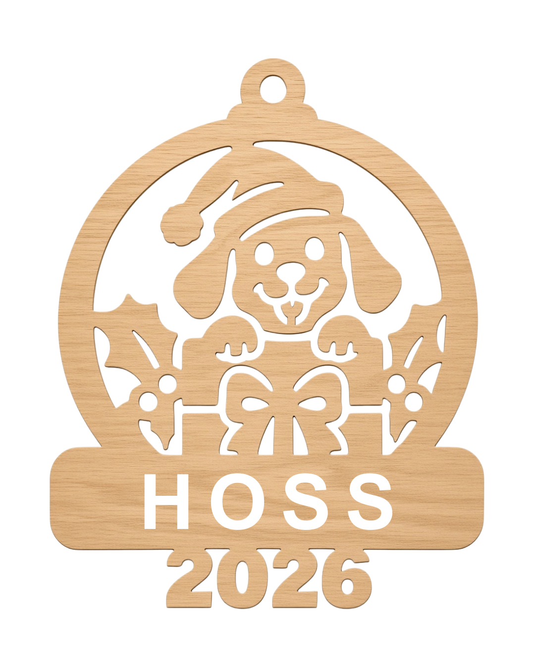 Personalized puppy with present Christmas ornament, HOSS sample name and 2026