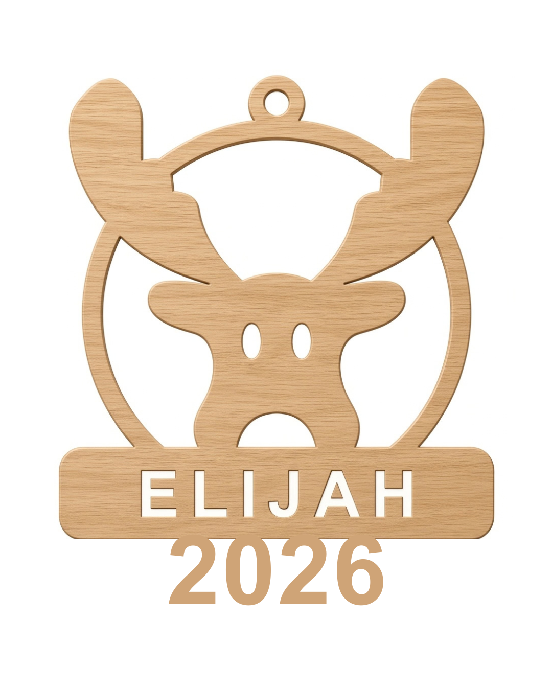 Personalized Rudy reindeer Christmas ornament, ELIJAH sample name and 2026