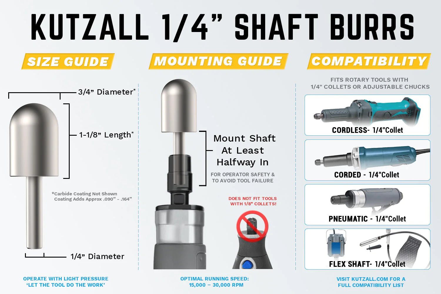 1/4" Shaft - Ball Nose Burrs (3/4" x 1-1/8") by Kutzall - Power Carving | Carving Bits & Burrs - Bear Woods Supply