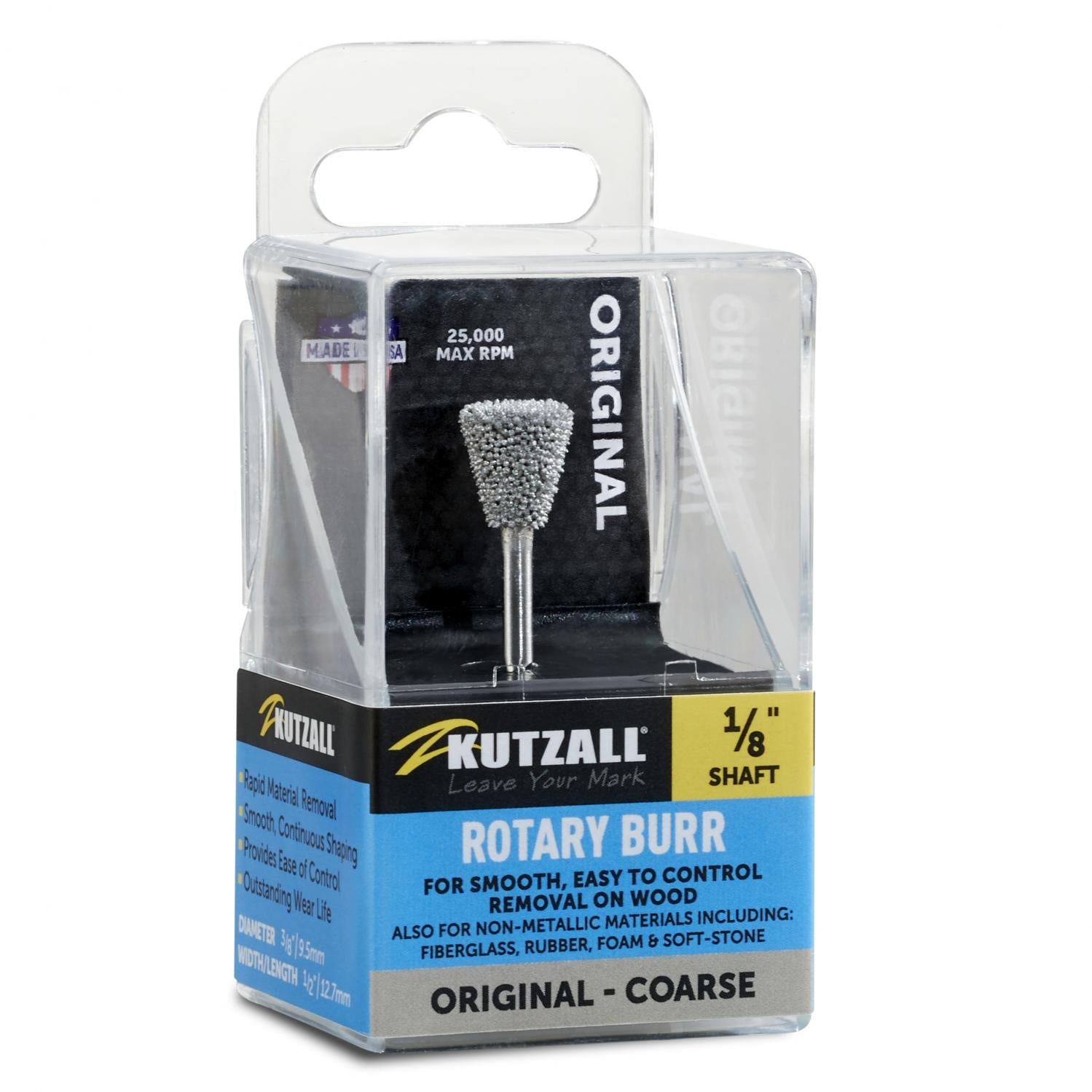 1/8" Shaft, Coarse Dove Tail Burr (3/8" x 1/2") by Kutzall - Power Carving | Carving Bits & Burrs - Bear Woods Supply