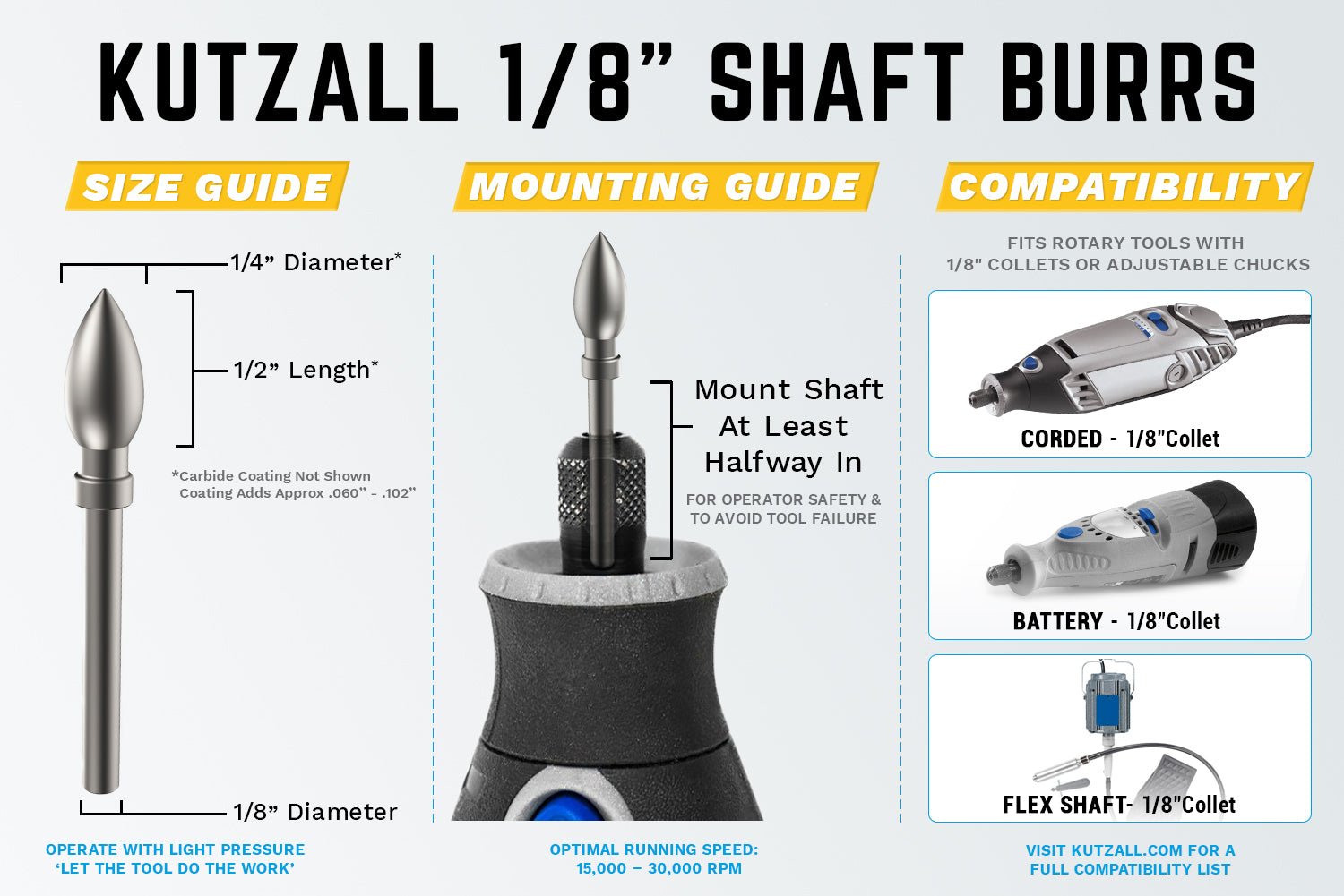 1/8" Shaft, Fine Flame Burr (1/4" x 1/2") by Kutzall - Power Carving | Carving Bits & Burrs - Bear Woods Supply