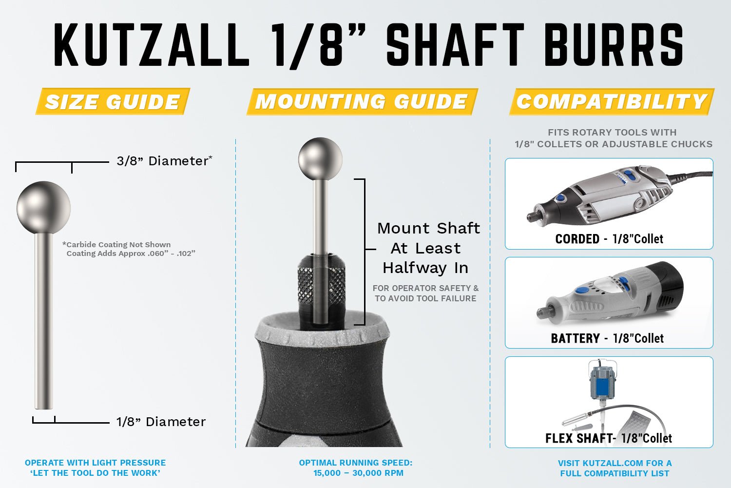 1/8" Shaft, Fine Sphere Burr (3/8) by Kutzall - Power Carving | Carving Bits & Burrs - Bear Woods Supply