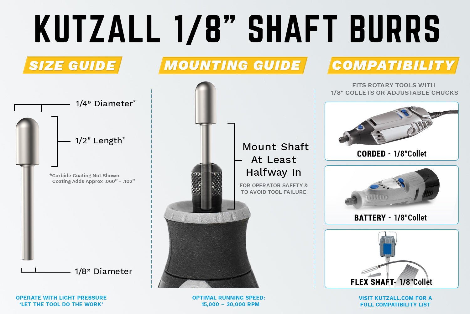 1/8" Shaft, Very Coarse Ball Nose Burr (1/4" x 1/2") by Kutzall - Power Carving | Carving Bits & Burrs - Bear Woods Supply
