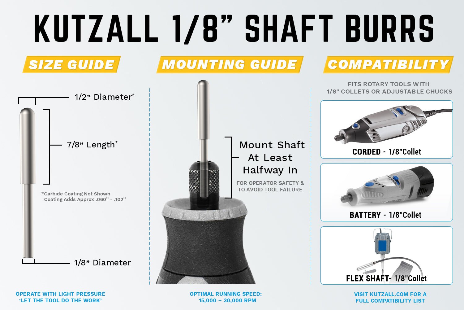 1/8" Shaft, Very Coarse Ball Nose Burr (1/8" x 7/8") by Kutzall - Power Carving | Carving Bits & Burrs - Bear Woods Supply