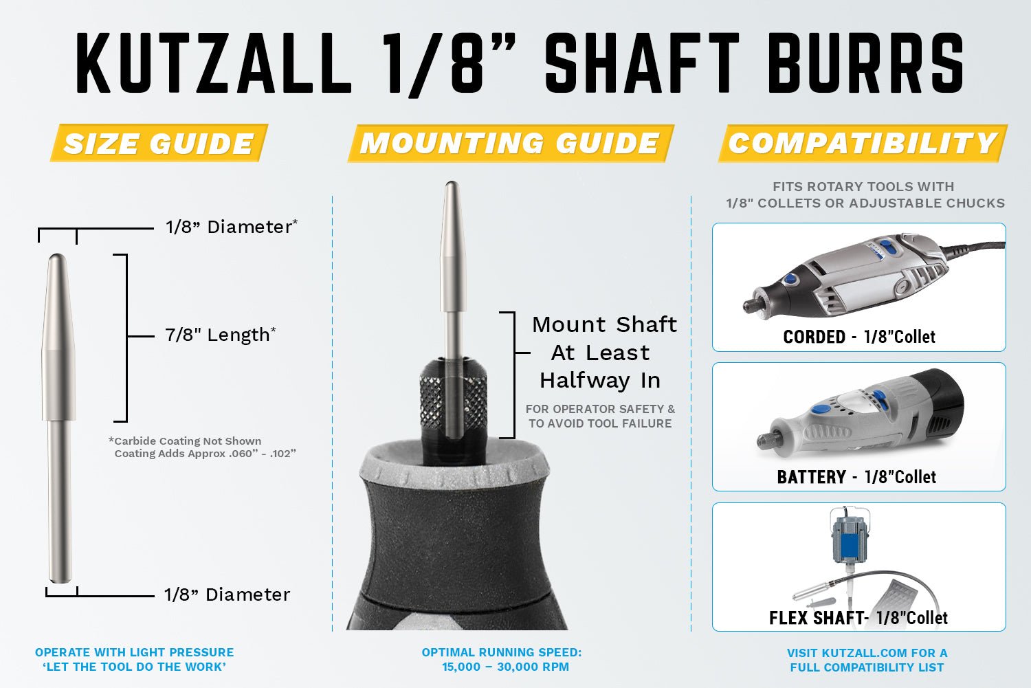 1/8" Shaft, Very Coarse Taper Burr (1/8" x 7/8") by Kutzall - Power Carving | Carving Bits & Burrs - Bear Woods Supply