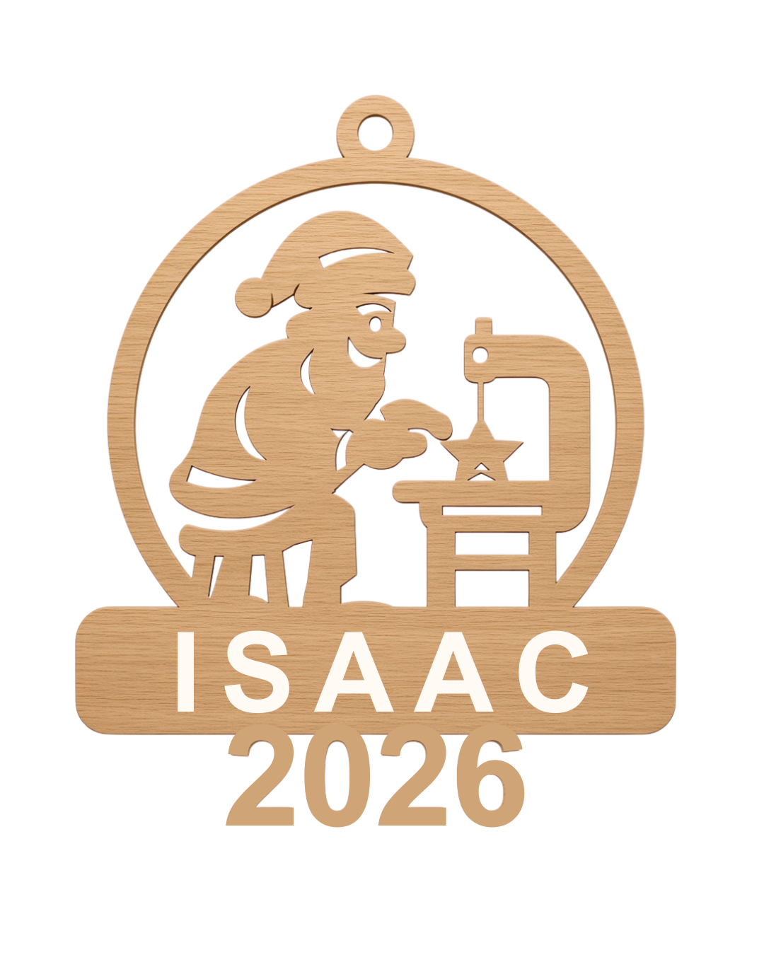 Personalized Santa at a scroll saw Christmas ornament, ISAAC sample name and 2026