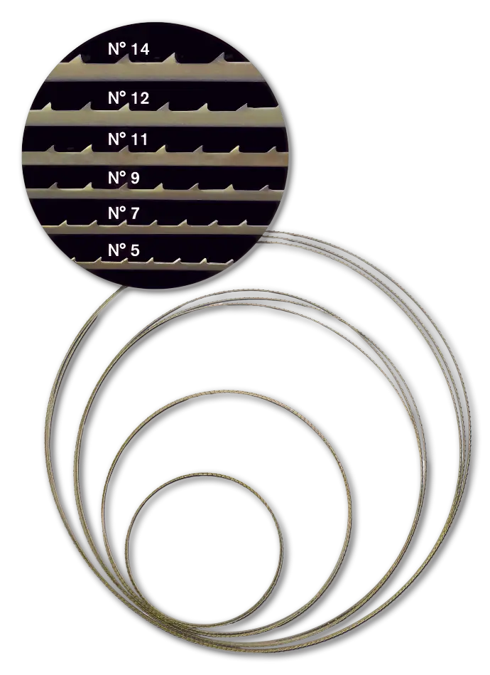 Pégas scroll bandsaw blade range with tooth profiles for sizes 5, 7, 9, 11, 12 and 14; representative range illustration