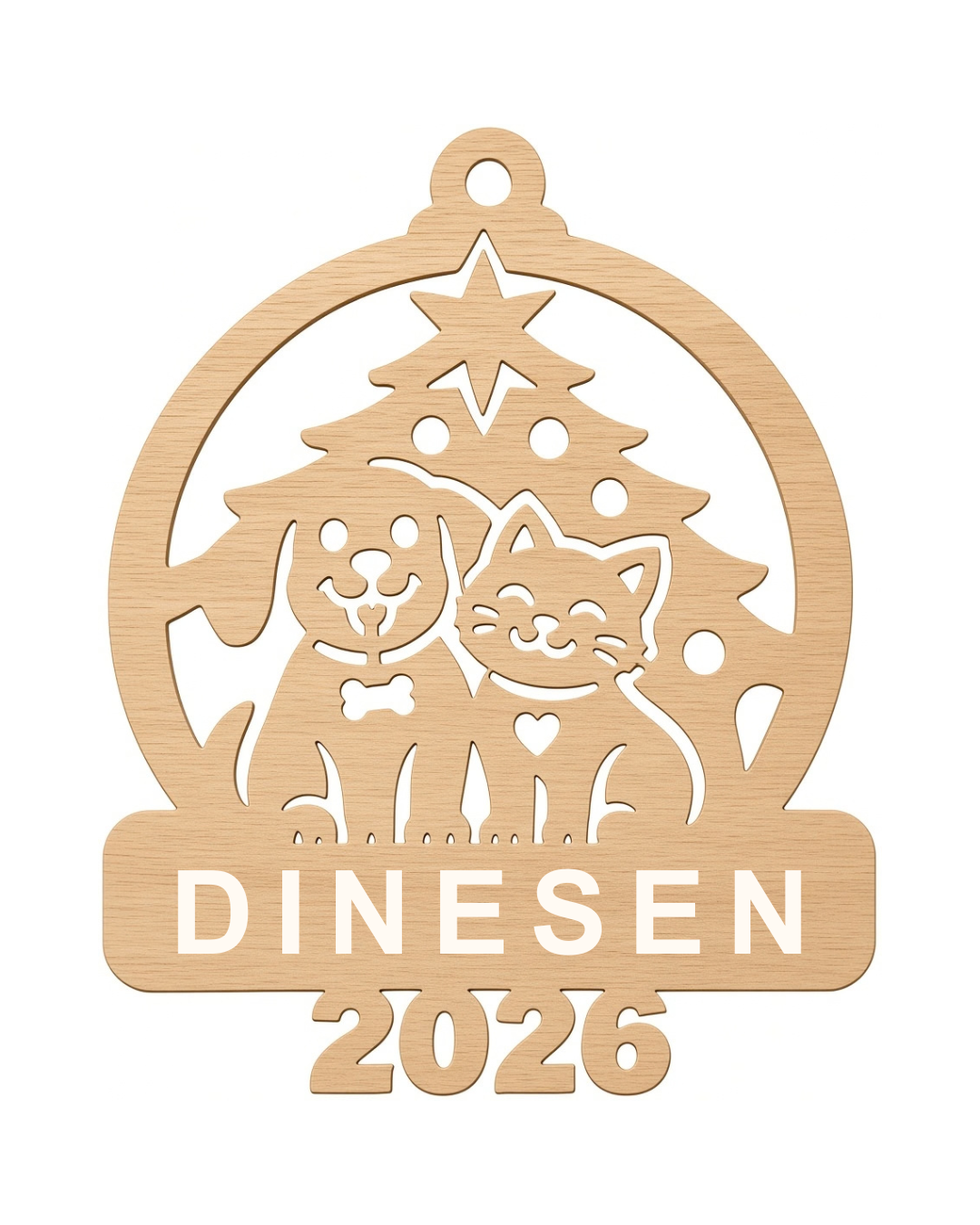 Cat and puppy Christmas tree ornament, DINESEN sample family name and 2026