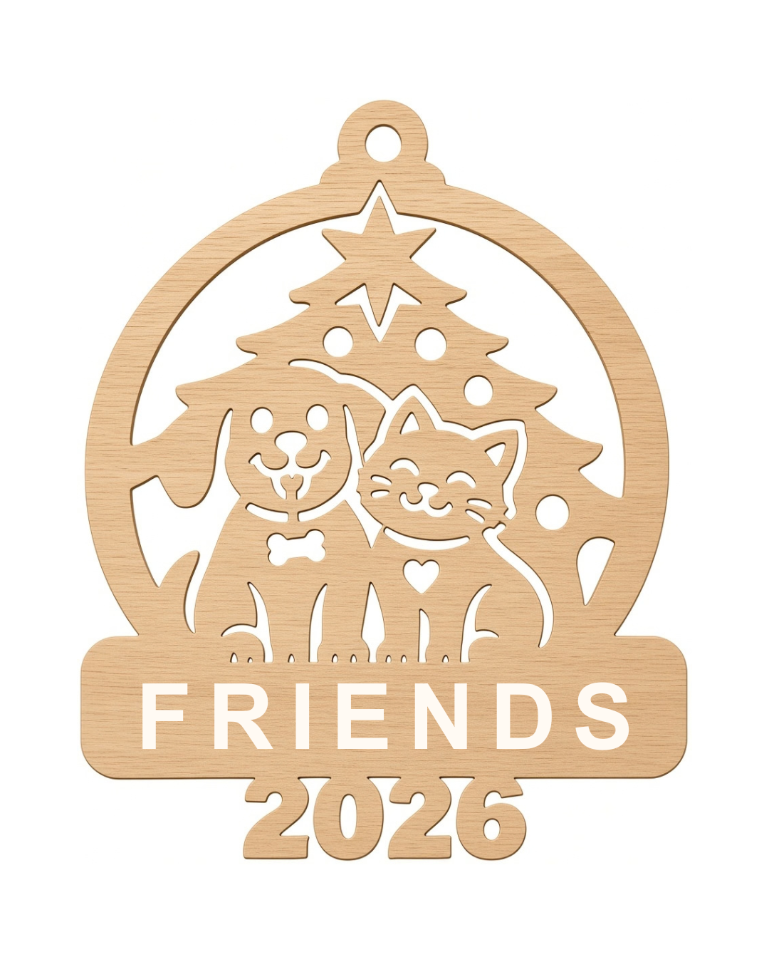 Cat and puppy beside a Christmas tree ornament, FRIENDS sample text and 2026