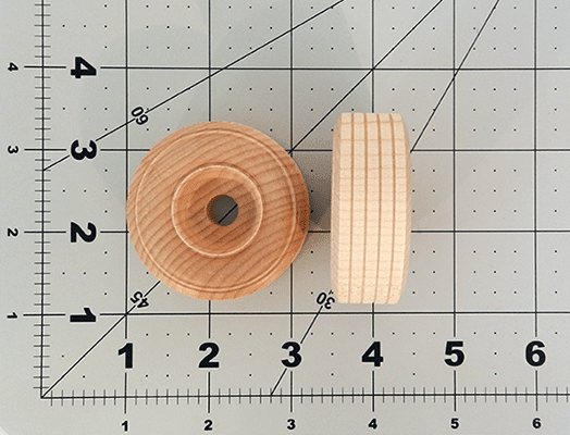 Treaded Wood Toy Wheels, 2" by 3/4" (3/8" hole) (Per 25 treaded wood toy wheels) - Wood Craft | Toy Wheels - Bear Woods Supply