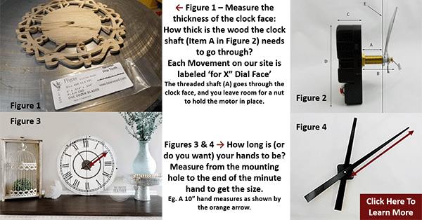 Quartz Clock Movement Mechanism With 4" Black Spade hands for 1/2" thick dials