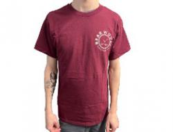 red T-shirt with bear woods logo on the front and back